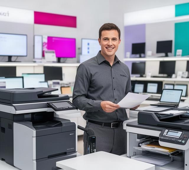 IT specialist reviewing office equipment beside printers and computers in a bright California showroom