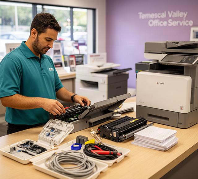 Technician organizing printer parts and office technology at a service counter in Temescal Valley
