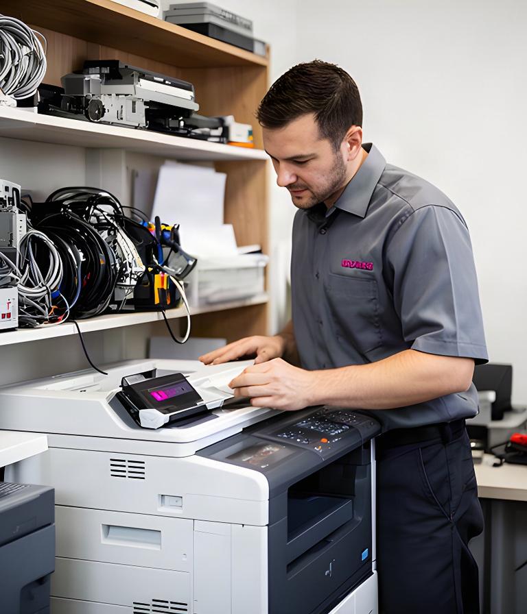 Technician inspecting a business printer beside organized equipment shelves in a service workspace