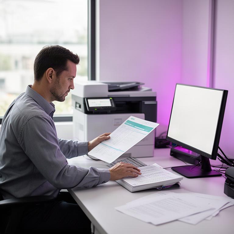 IT service specialist reviewing printer support records at a bright Temescal Valley workstation