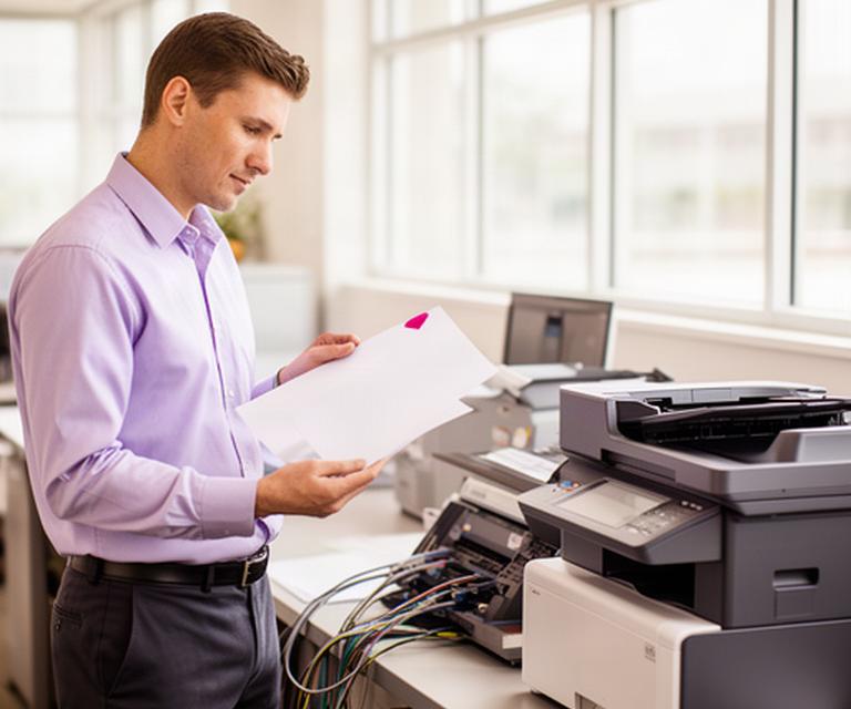 Technician reviewing printer service documents beside office equipment in a bright Temescal Valley workspace