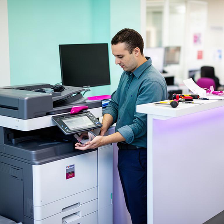 IT equipment technician checking a multifunction printer beside a customer service desk
