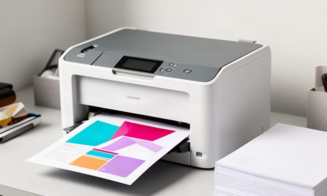 Compact color laser printer producing a sharp business document beside a stack of paper