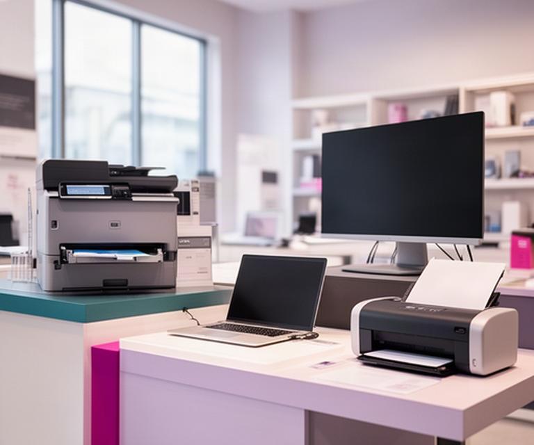 Bright IT equipment showroom with a color printer, laptop, desktop workstation, and document scanner on display